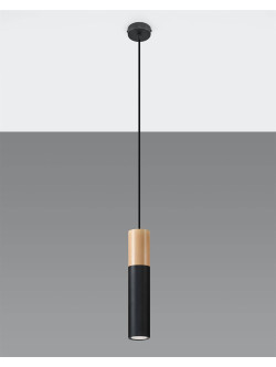Lampa wisząca tuba / rurka PABLO czarna z dodatkiem drewna