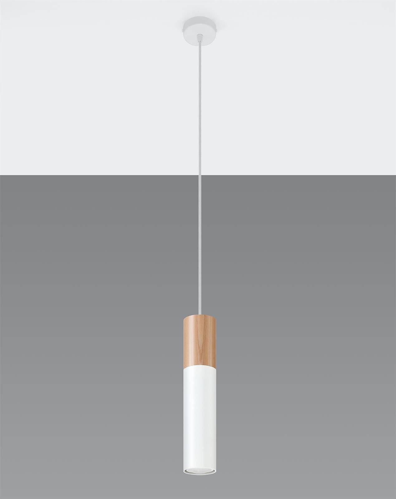 Lampa wisząca tuba / rurka PABLO biała z dodatkiem drewna