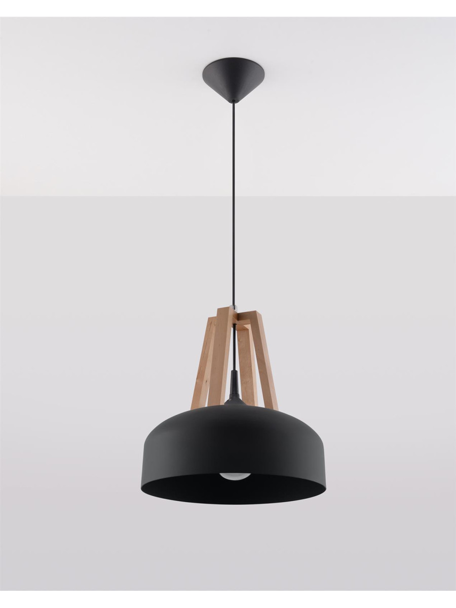 Czarna lampa wisząca z drewnem nowoczesna