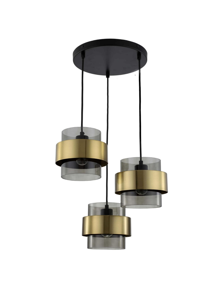Lampa wisząca 3-punktowa klosze z szkła dymionego Miele 3 złota opaska / pierścień