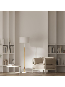 Lampa podłogowa stojąca drewniana z białym materiałowym abażurtem Fogo biała do salonu 