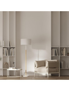 Lampa podłogowa stojąca drewniana z białym materiałowym abażurtem Fogo biała do salonu 