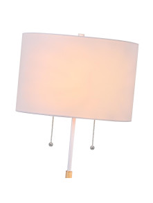 Lampa podłogowa stojąca drewniana z białym materiałowym abażurtem Fogo biała do salonu 