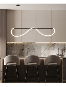 Designerski żyrandol z pozawijanym wężem świetlnym LED nad wyspę stół