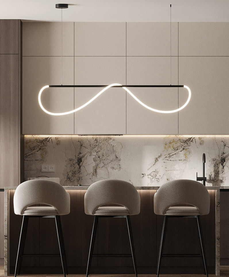 Designerski żyrandol z pozawijanym wężem świetlnym LED nad wyspę stół