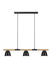 Nowoczesna szeroka lampa nad długi stół Theo 3-punktowa, czarna z drewnem, skandynawska Nowoczesna szeroka lampa nad długi stół Theo 3-punktowa, czarna z drewnem, skandynawska