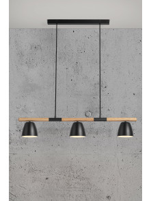 Nowoczesna szeroka lampa nad długi stół Theo 3-punktowa, czarna z drewnem, skandynawska Nowoczesna szeroka lampa nad długi stół Theo 3-punktowa, czarna z drewnem, skandynawska