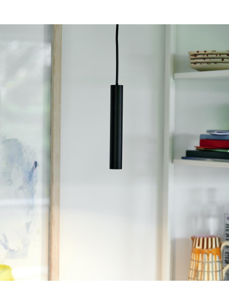 Pojedynczy zwis z czarną tubą LED Omari, długi 200 cm przewód, nad stoliczek szafkę nocną Pojedynczy zwis z czarną tubą LED Omari, długi 200 cm przewód, nad stoliczek szafkę nocną