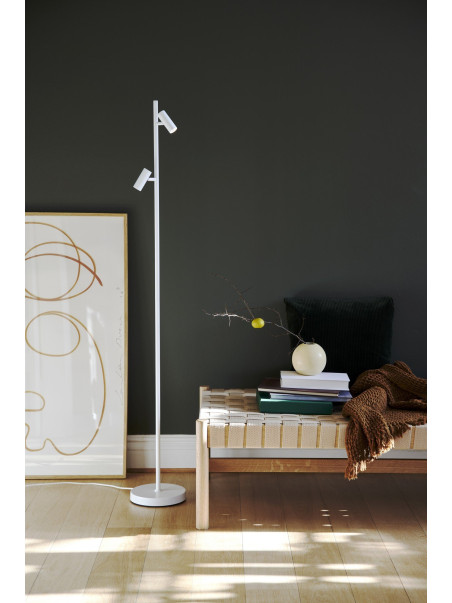 Biała minimalistyczna lampa podłogowa Omari LED do salonu, dwa regulowane klosze - reflektorki Biała minimalistyczna lampa podłogowa Omari LED do salonu, dwa regulowane klosze - reflektorki