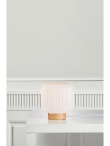 Elegancka lampa stołowa Milford szklana biala na drewnianej podstawie - Nordlux
