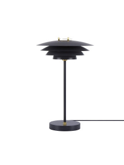 Biała lampa stołowa Bretagne skandynawska, metalowe talerze, włącznik na obudowie