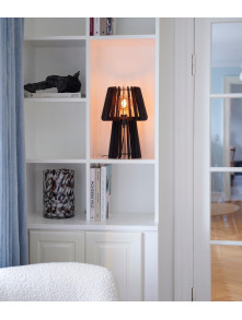 Skandynawska lampa stołowa Groa czarna drewniany ażurowy grzybek - Nordlux