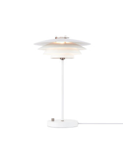 Biały lampa na komodę Bretagne skandynawska, metalowe talerze, włącznik na obudowie
