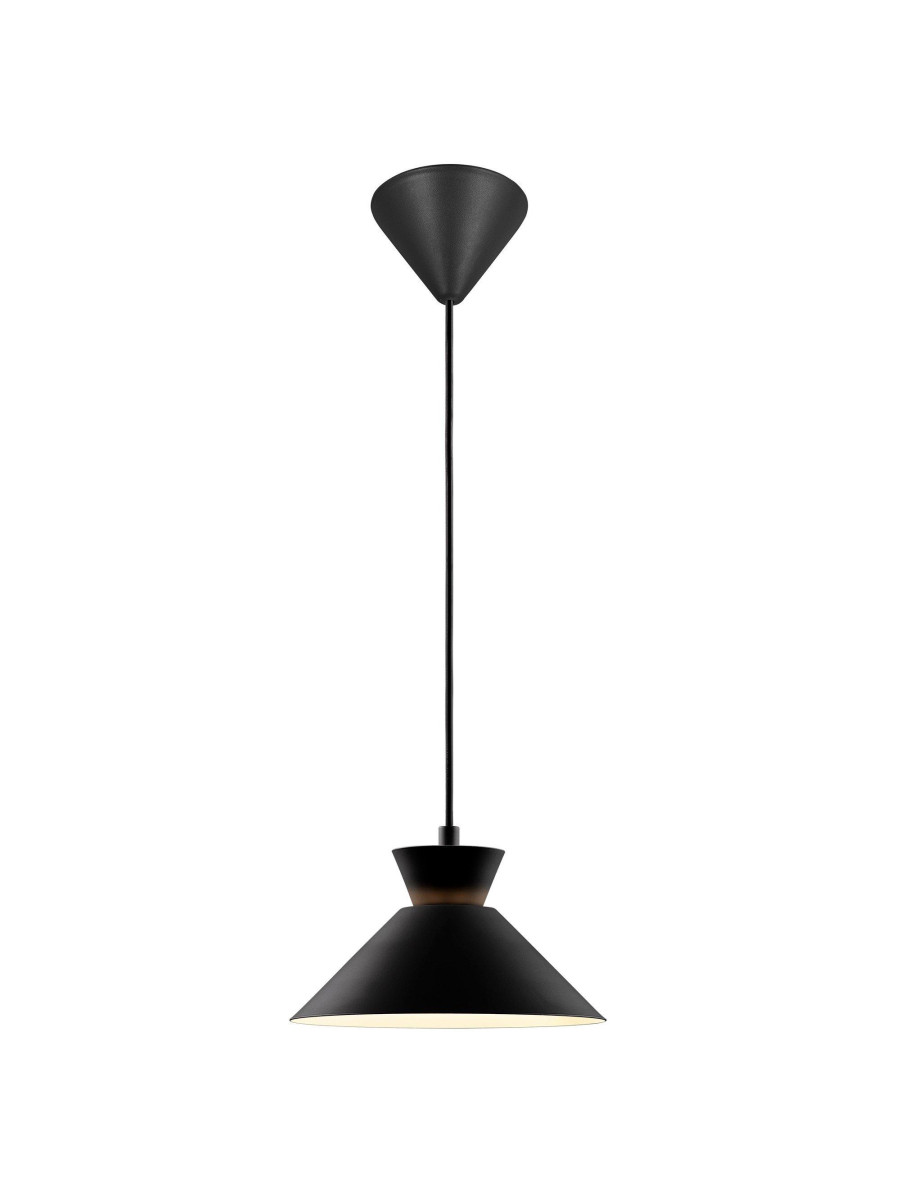 Szwedzka lampa wisząca Dial 25 cm do kuchni, metalowy czarny klosz stożek z białym środkiem 