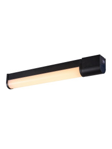 Pionowy czarny kinkiet łazienkowy Malakia LED 6W przy lustrze, z wbudowanym gniazdkiem IP44 3000K