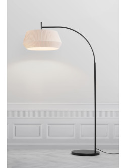 Duża lampa podłogowa Dicte z beżowym plisowanym abażurem, łukowa - do salonu, skandynawska