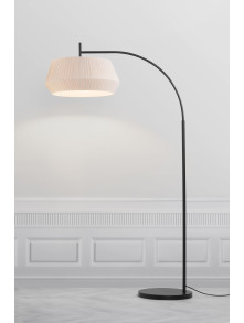 Duża lampa podłogowa Dicte z beżowym plisowanym abażurem, łukowa - do salonu, skandynawska Duża lampa podłogowa Dicte z beżowym plisowanym abażurem, łukowa - do salonu, skandynawska