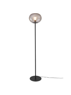 Czarna lampa podłogowa do salonu Alton - loftowa z transparentnym dymionym szklanym kloszem w kształcie kuli