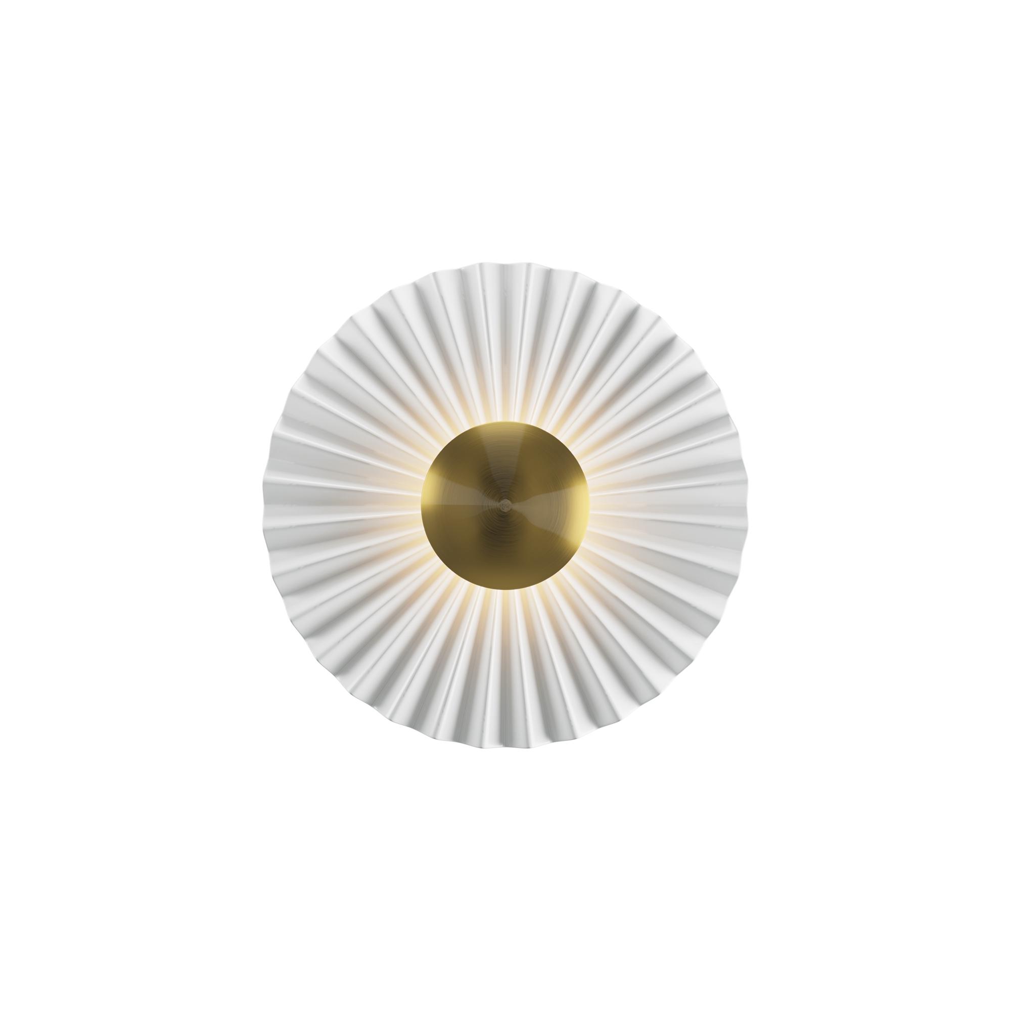 Kinkiet LED Fiore do salonu w bieli i mosiądzu - plisowana rozeta 30 cm, 3000K