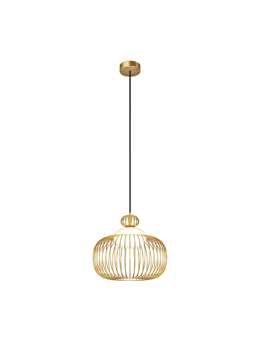 Lampa wisząca Levitation w kolorze mosiądzu - ażurowy klosz z kulą ze szkła mlecznego, 1xG9
