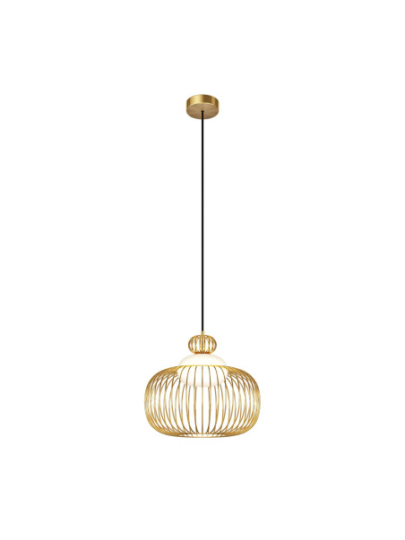 Lampa wisząca Levitation w kolorze mosiądzu - ażurowy klosz z kulą ze szkła mlecznego, 1xG9 Lampa wisząca Levitation w kolorze mosiądzu - ażurowy klosz z kulą ze szkła mlecznego, 1xG9