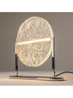 Designerska lampa stołowa Mangata LED do salonu - lodowy szklany dysk w chromie 3000K