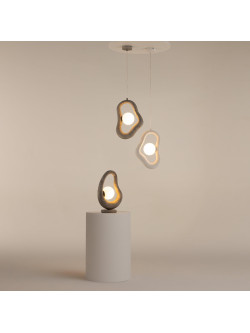 Designerska lampa wisząca Opus w szarości - betonowa rama i mleczna kula