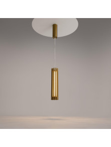 Złota lampa wisząca Sonata LED do sypialni - smukła tuba z metalowych rurek