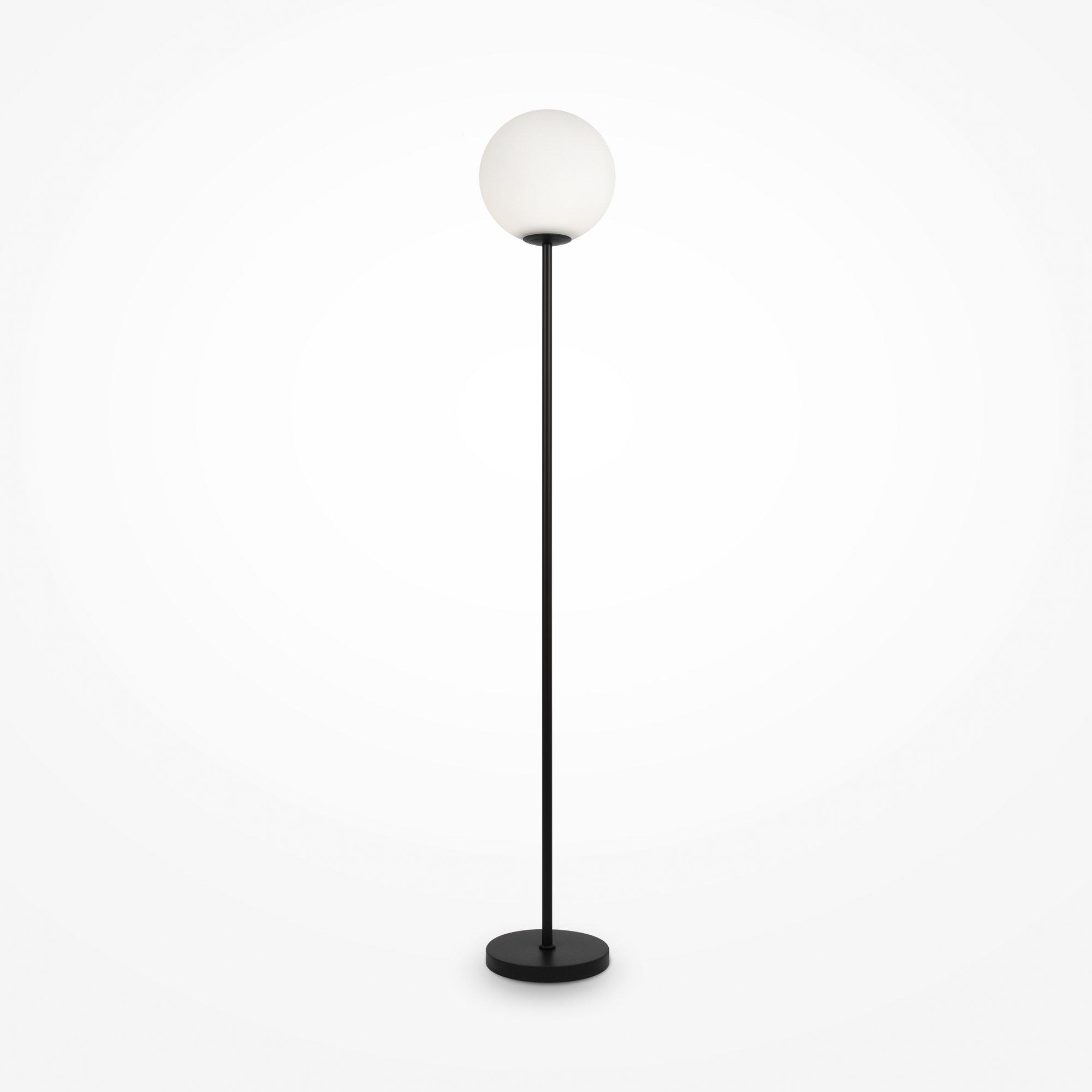 Minimalistyczna lampa podłogowa Ring do salonu - mlecznobiała szklana kula 1xE27 czarna