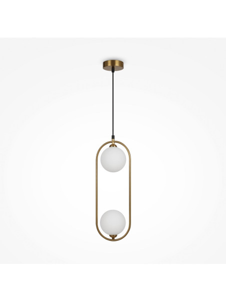 Lampa wisząca Ring Maytoni w kolorze mosiądzu - dwie białe szklane kule w owalnej ramce Lampa wisząca Ring Maytoni w kolorze mosiądzu - dwie białe szklane kule w owalnej ramce