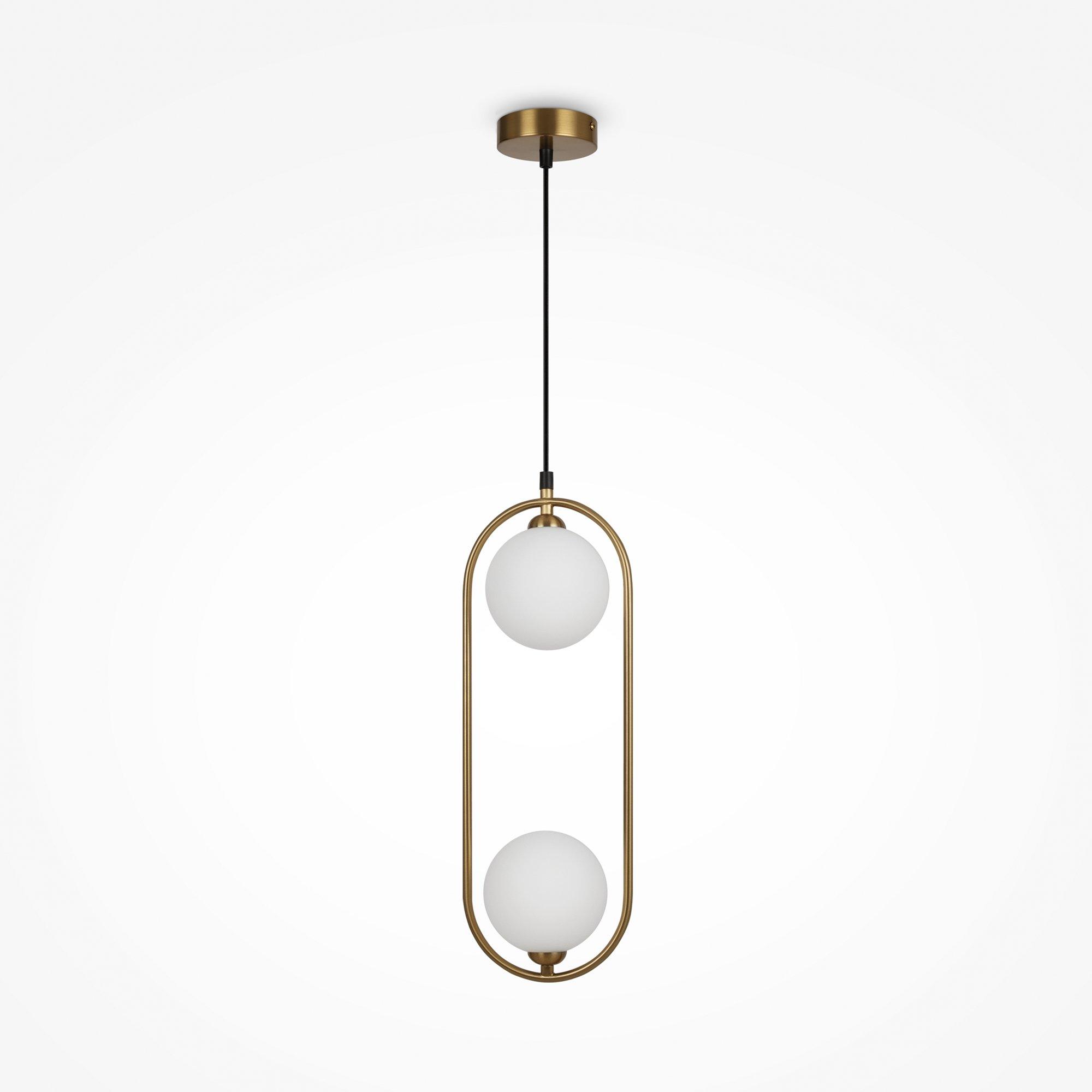 Lampa wisząca Ring Maytoni w kolorze mosiądzu - dwie białe szklane kule w owalnej ramce