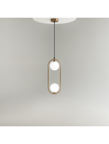 Lampa wisząca Ring Maytoni w kolorze mosiądzu - dwie białe szklane kule w owalnej ramce Lampa wisząca Ring Maytoni w kolorze mosiądzu - dwie białe szklane kule w owalnej ramce