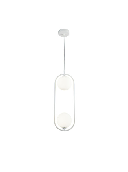 Designerska lampa wisząca Ring do salonu - biała owalna rama i 2 kule Designerska lampa wisząca Ring do salonu - biała owalna rama i 2 kule