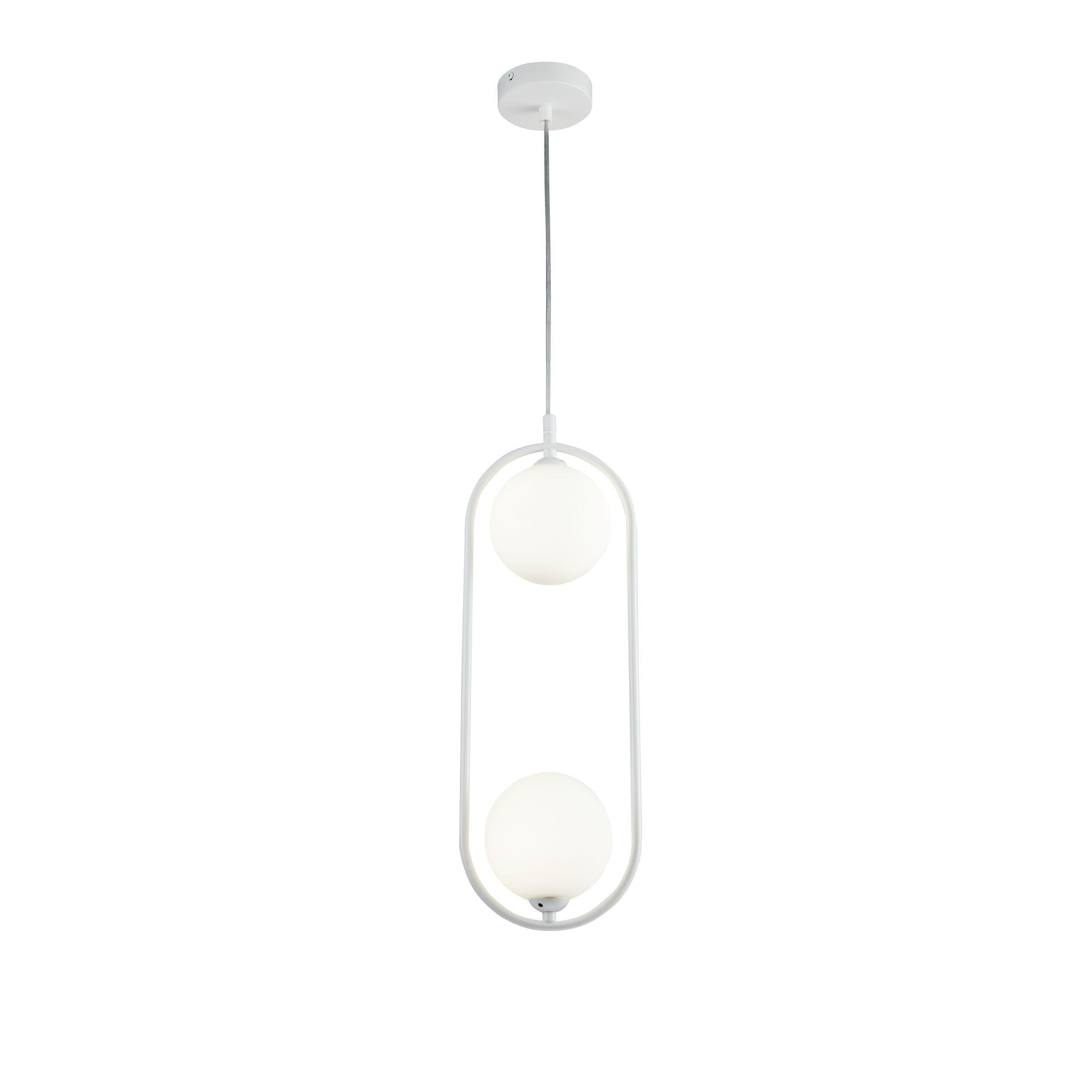 Designerska lampa wisząca Ring do salonu - biała owalna rama i 2 kule