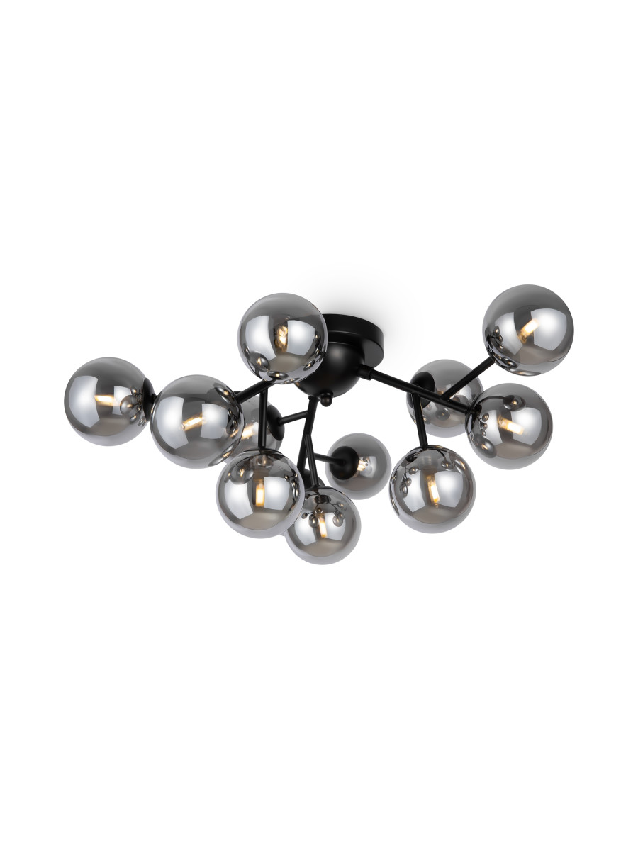 Designerska lampa sufitowa Dallas czarna - lustrzane grafitowe szklane molekuły 12-punktów