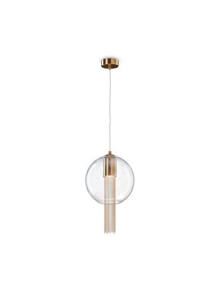 Szklana lampa wisząca Flusso glamour w złotym wykończeniu - kaskada łańcuszków w kuli Szklana lampa wisząca Flusso glamour w złotym wykończeniu - kaskada łańcuszków w kuli