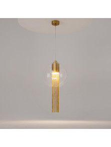 Szklana lampa wisząca Flusso glamour w złotym wykończeniu - kaskada łańcuszków w kuli Szklana lampa wisząca Flusso glamour w złotym wykończeniu - kaskada łańcuszków w kuli