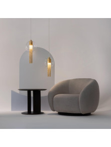 Szklana lampa wisząca Flusso glamour w złotym wykończeniu - kaskada łańcuszków w kuli Szklana lampa wisząca Flusso glamour w złotym wykończeniu - kaskada łańcuszków w kuli