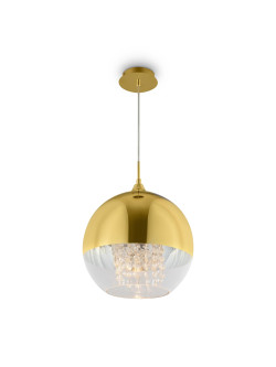 Glamour lampa wisząca Fermi do salonu - szklana kula ze złotem i kryształkami