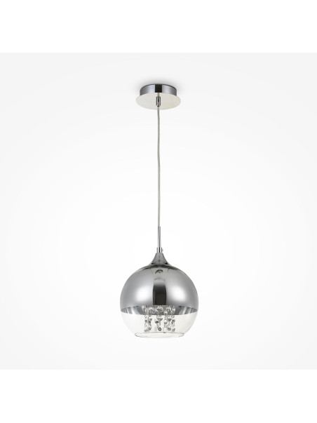 Chromowana lampa wisząca Fermi do salonu - szklano-metalowa kula z kryształkami Chromowana lampa wisząca Fermi do salonu - szklano-metalowa kula z kryształkami