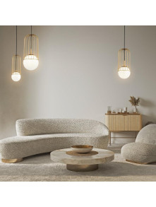 Złota lampa wisząca Telford do salonu - ażurowa klatka i mleczna kula 1xG9 Złota lampa wisząca Telford do salonu - ażurowa klatka i mleczna kula 1xG9