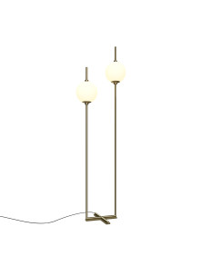 Mosiężna lampa podłogowa LED The Sixth Sense do salonu - dwie szklane kule 3000K