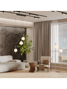 Mosiężna lampa podłogowa LED The Sixth Sense do salonu - dwie szklane kule 3000K