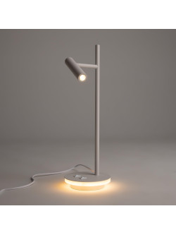 Minimalistyczna biała lampa stołowa Estudo LED - podświetlana podstawa i reflektor tuba 3000K