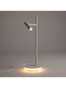 Minimalistyczna biała lampa stołowa Estudo LED - podświetlana podstawa i reflektor tuba 3000K