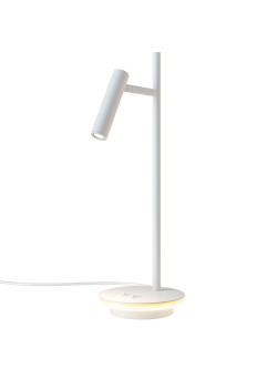 Minimalistyczna biała lampa stołowa Estudo LED - podświetlana podstawa i reflektor tuba 3000K