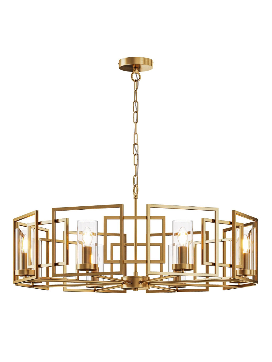 Złoty metalowy żyrandol wiszący Bowi do salonu glamour - metalowo-szklany, 87 cm, 8xG14
