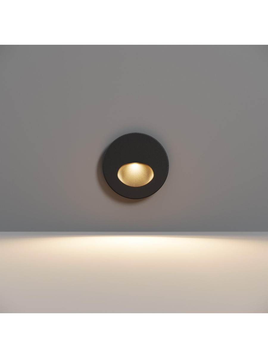 Czarna oprawa schodowa LED Bil do korytarza IP54 - okrągły dysk aluminiowy, 3000K