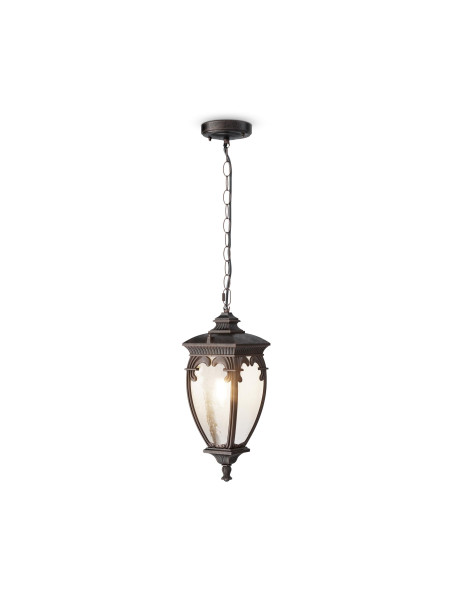 Klasyczna lampa wisząca Fleur na taras IP44 - mleczne szkło latarniowe, brązowa Klasyczna lampa wisząca Fleur na taras IP44 - mleczne szkło latarniowe, brązowa