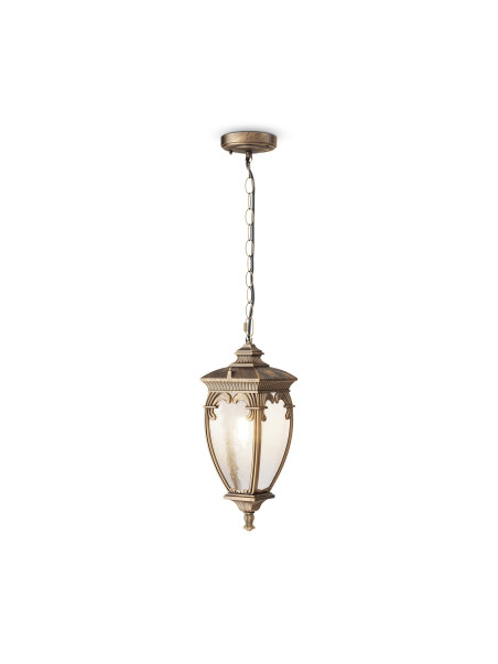 Klasyczna lampa wisząca Fleur na taras IP44 - mleczne szkło latarniowe, mosiężna